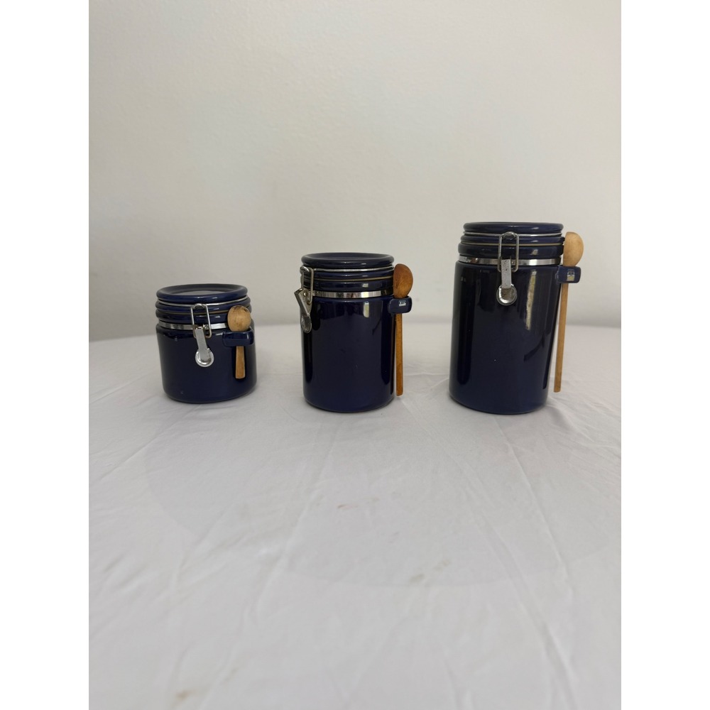 Cobalt Blue Ceramic Canister Set of 3 with Wooden Spoons Airtight Latch Jars